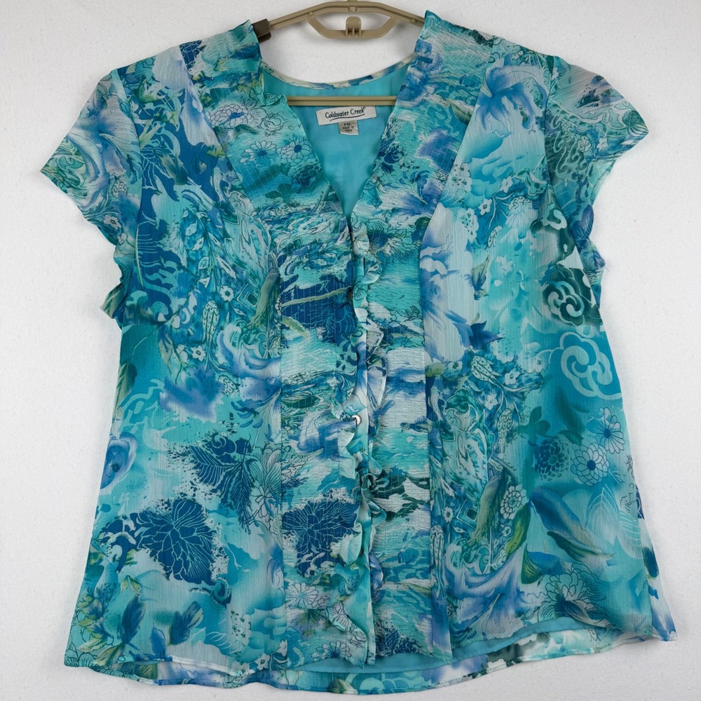 Coldwater Creek Blue Floral Ruffle V-Neck Chiffon Blouse PXL Turquoise Teal